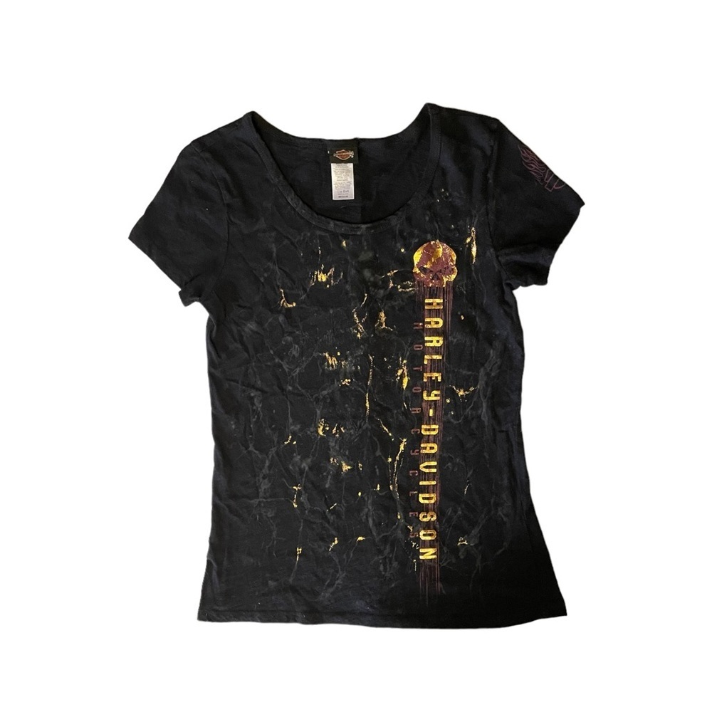 Harley-Davidson Black Maroon Gold Skull Fire Cap Sleeve T-Shirt Medium